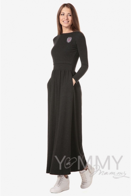 Платье длинное для беременных и кормящих с начесом, темно-серый меланж