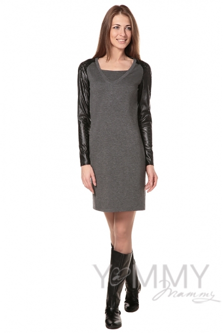 Платье с рукавами из эко-кожи серый меланж для кормящих