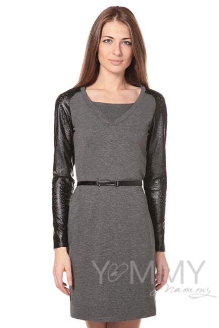 Платье с рукавами из эко-кожи серый меланж для кормящих