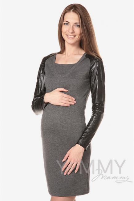 Платье для кормящих и беременных с рукавами из эко-кожи, серый меланж
