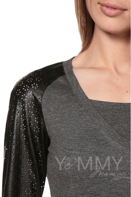 Платье с рукавами из эко-кожи серый меланж для кормящих