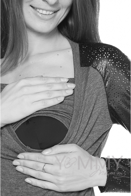 Платье с рукавами из эко-кожи серый меланж для кормящих