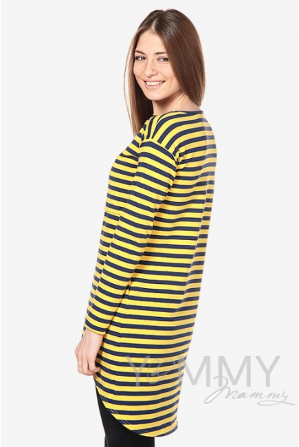Платье-туника для беременных и кормящих с длинным рукавом желтая / синяя полоска
