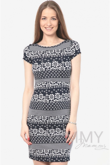 Платье для кормящих и беременных темно-синее с цветочным принтом