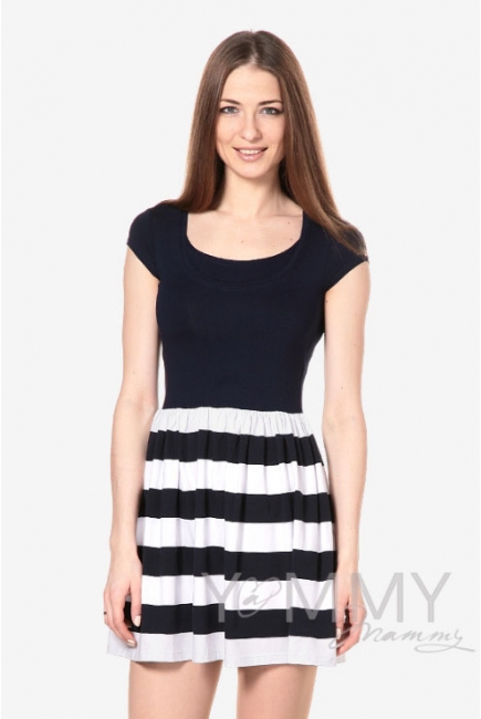 Платье с юбкой на сборке темно-синее в полоску для беременных