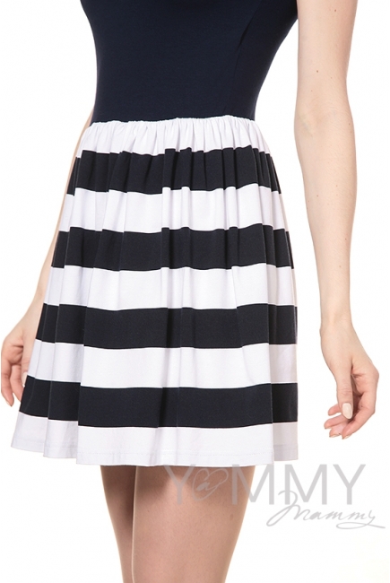 Платье с юбкой на сборке темно-синее в полоску для беременных