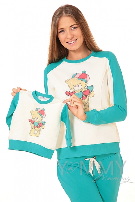 Толстовка для кормящих и беременных  с принтом "Teddy", цвет ментол/экрю