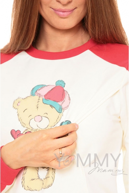Толстовка для кормящих и беременных  с принтом "Teddy", цвет коралловая/экрю