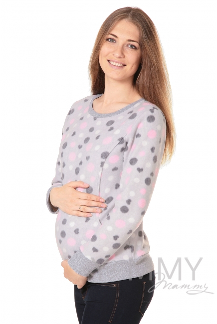 Джемпер для кормящих и беременных флисовый, цвет серый с розовыми и серыми кругами