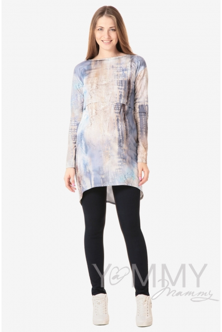 Платье-туника для кормящих и беременных с длинным рукавом, белый/голубой рисунок