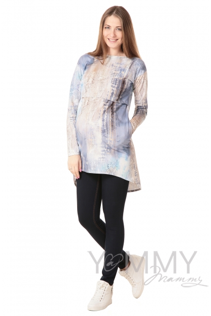 Платье с длинным рукавом белый/голубой рисунок для кормящих