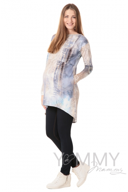 Платье с длинным рукавом белый/голубой рисунок для кормящих