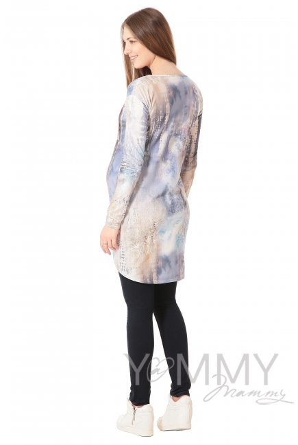 Платье с длинным рукавом белый/голубой рисунок для кормящих