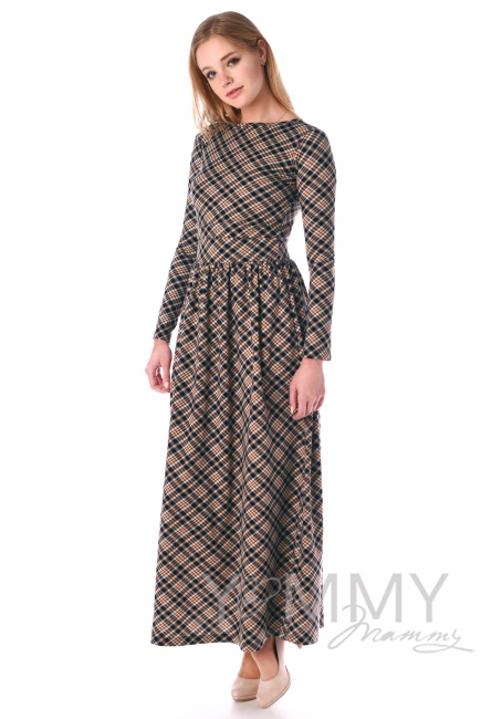 Платье длинное с карманами в бежевую/темно-синюю клетку для беременных