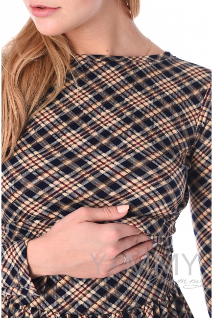 Платье длинное с карманами в бежевую/темно-синюю клетку для беременных