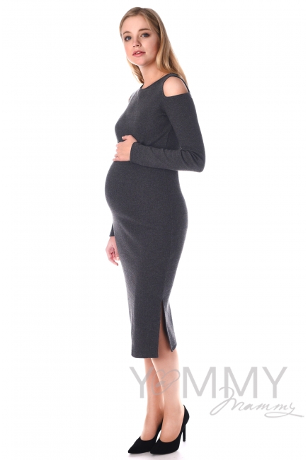 Платье миди с разрезами по бокам темно-серый меланж для кормящих