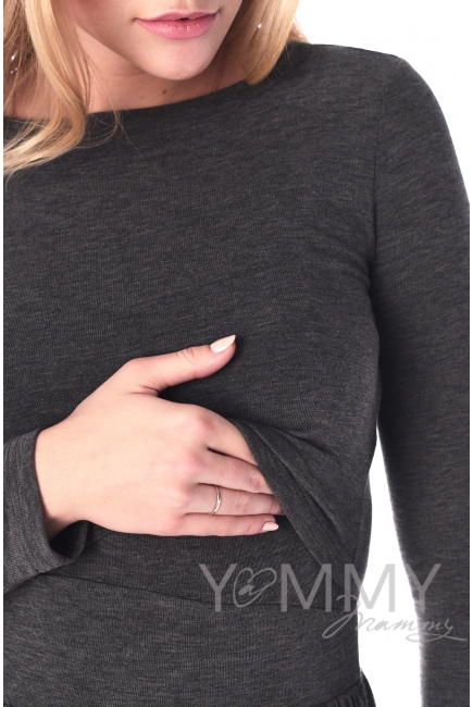 Платье длинное с карманами темно-серый меланж для кормящих