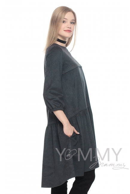 Замшевое платье с воланом графит для беременных