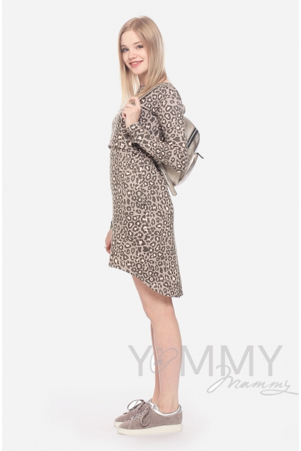 Платье-туника для кормящих и беременных с длинным рукавом, леопардовый принт