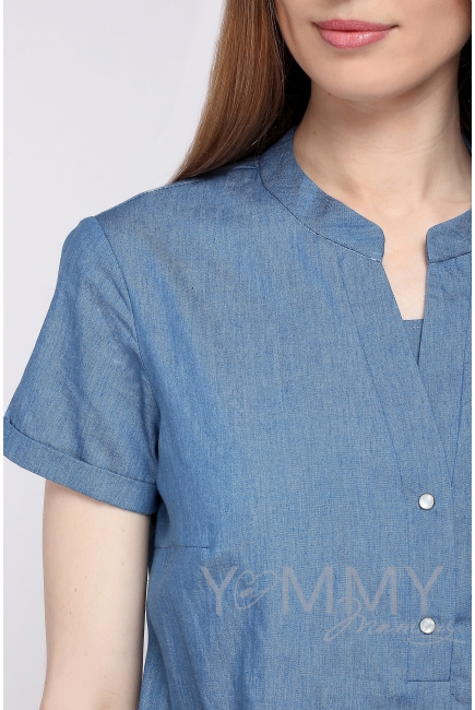 Платье-рубашка джинсовое с коротким рукавом для кормящих