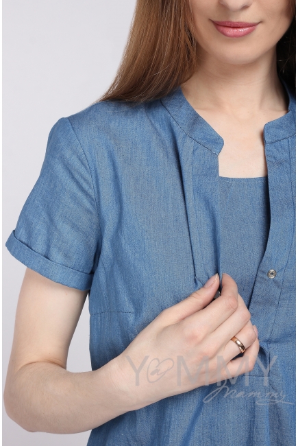 Платье-рубашка джинсовое с коротким рукавом для кормящих