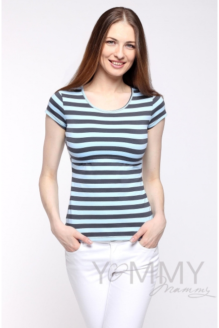 Футболка для кормящих и беременных, голубая в серую полоску