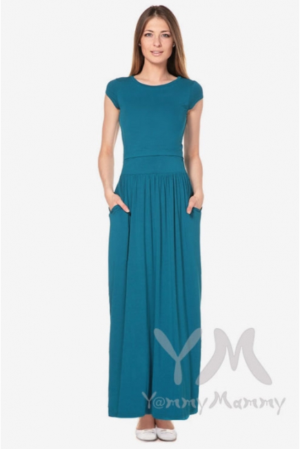 Платье длинное для кормящих и беременных с карманами, изумруд