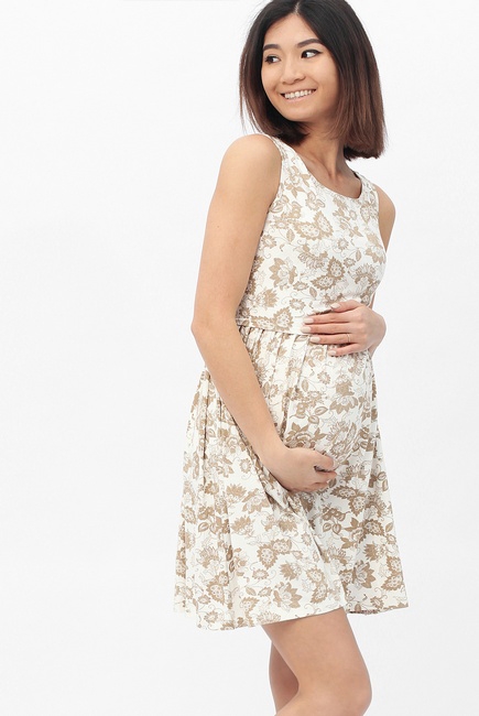 Платье для кормящих и беременных с круглым вырезом и цветочным принтом, экрю