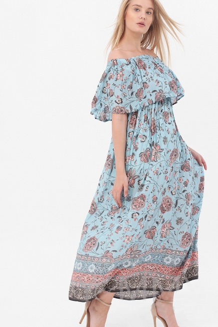 Платье-сарафан для кормящих и беременных, с оборкой по плечам голубое