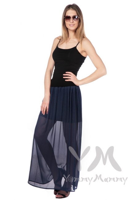 Юбка макси двухслойная темно-синяя в мелкий горошек для беременных