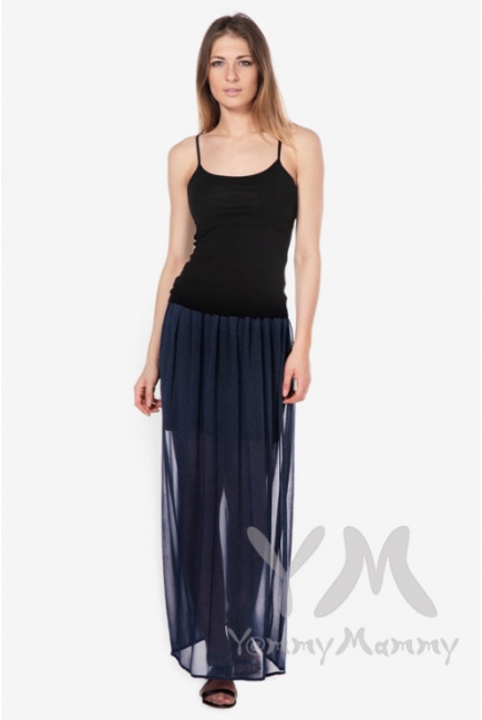 Юбка для беременных и родивших макси двухслойная, темно-синяя в мелкий горошек