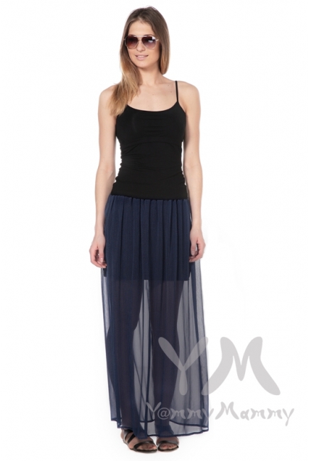 Юбка макси двухслойная темно-синяя в мелкий горошек для беременных