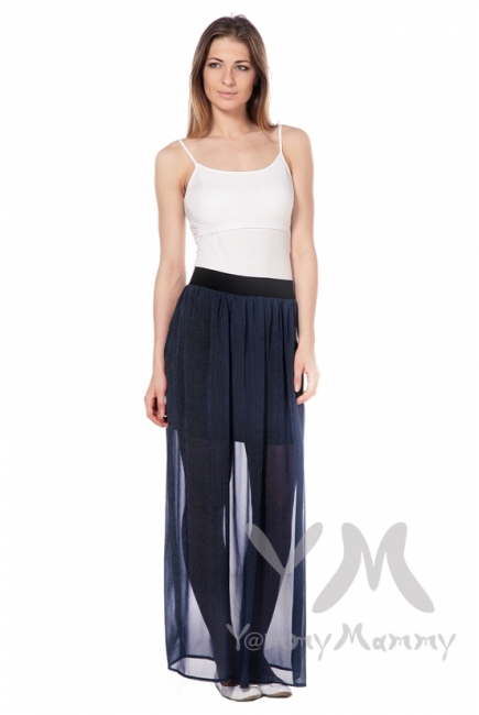 Юбка макси двухслойная темно-синяя в мелкий горошек для беременных