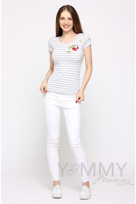 Футболка с принтом для кормящих и беременных, в серую полоску меланж