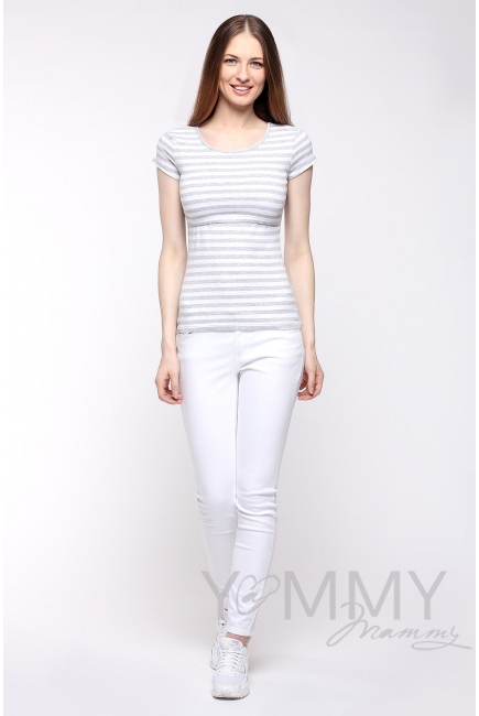 Футболка для беременных и кормящих, белая в серую полоску меланж