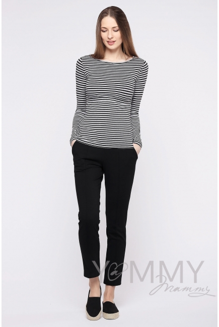 Лонгслив для кормящих и беременных, черный в серую полоску