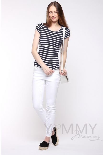 Футболка для беременных и кормящих, синяя в белую полоску