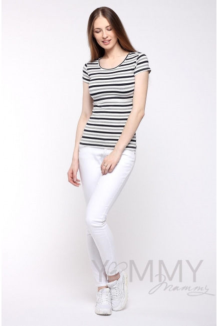 Футболка для кормящих и беременных, белая в серую полоску меланж