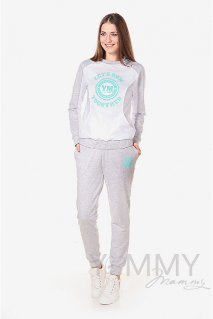 Брюки для беременных и родивших универсальные, спортивные из футера с принтом серый меланж