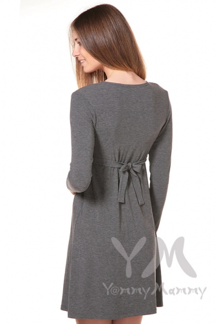 Платье с пояском на спине для беременных и кормящих, серый меланж