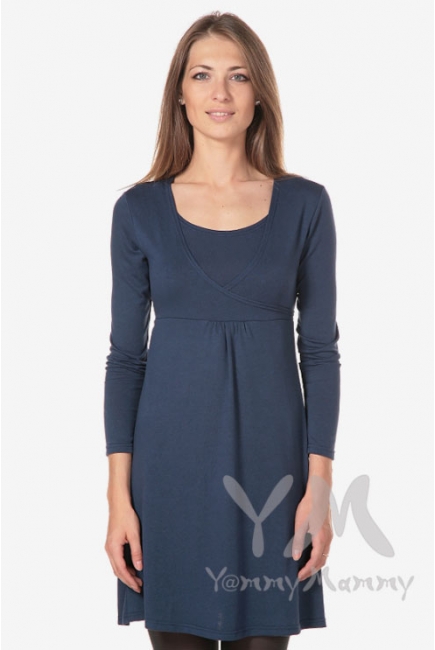 Платье с пояском на спине для беременных и кормящих, темный индиго