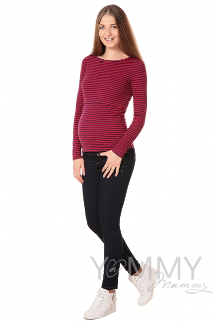 Лонгслив для кормящих и беременных, бордовый в синюю полоску