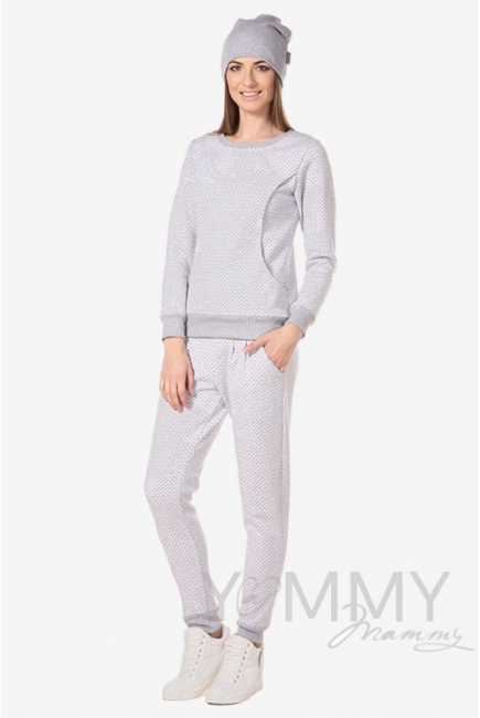 Брюки для беременных и родивших универсальные спортивные, серые в горошек