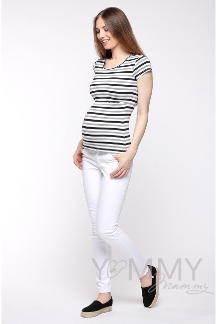 Футболка для кормящих и беременных, белая в серую полоску меланж