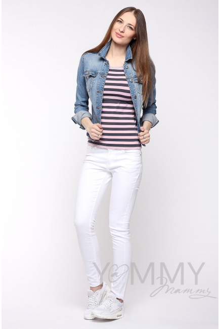 Футболка для беременных и кормящих, розовая в серую полоску