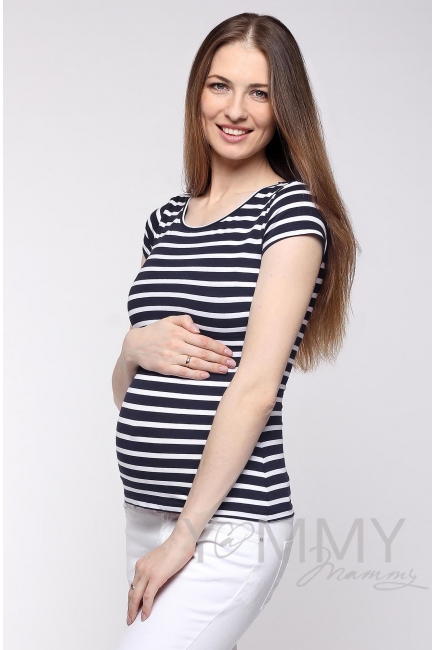Футболка для беременных и кормящих, синяя в белую полоску