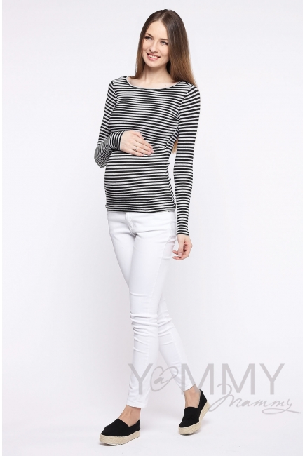 Лонгслив для кормящих и беременных, черный в серую полоску