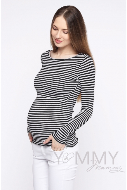 Лонгслив для кормящих и беременных, черный в серую полоску