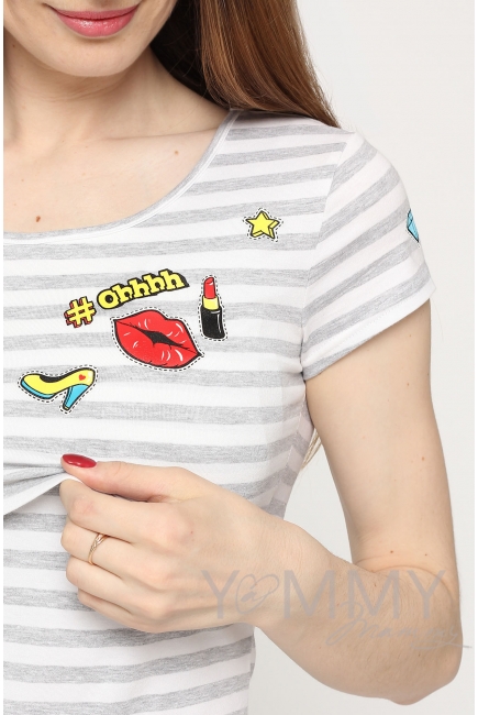 Футболка с принтом для кормящих и беременных, в серую полоску меланж