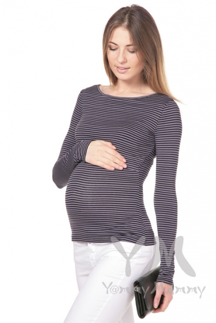 Лонгслив для беременных и кормящих, серый в черную полоску